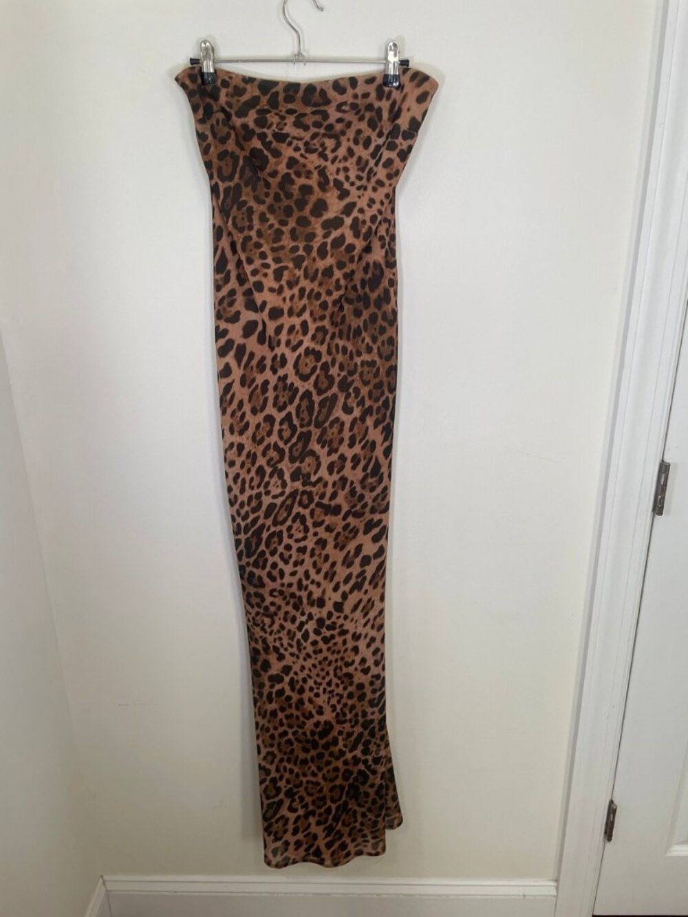 Meshki Breanna Strapless Chiffon Maxi Dress in Leopard Print